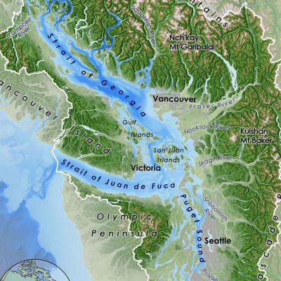 Colorful map of the Salish Sea bioregion encompassing the inland marine waterways of British Columbia and Washington and their watersheds