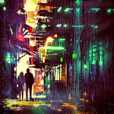 Illustration using dark purples, neon greens, reds, and yellows portrays a city street scene with the silhouettes of a man and woman standing  in a doorway.