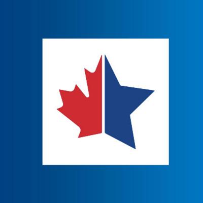 Logo with red maple leaf and blue star to represent Canadian-American studies.