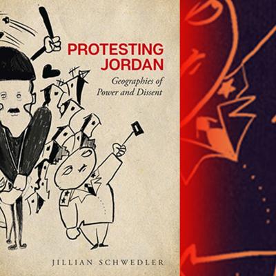Pen and ink illustration on Protesting Jordan book cover shows authoritarian figures and arm wielding a billy club.