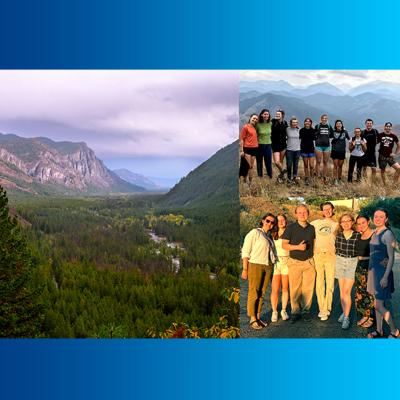 Dramatic panoramic view of Methow Valley mountains and streams new to group photos of smiling WWU student cohorts.