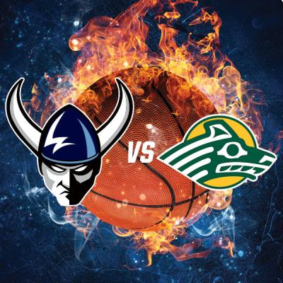 Vikings vs Anchorage with a basketball on fire in the background
