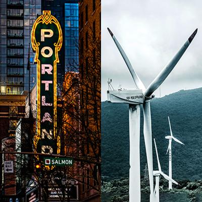 Left side has the glowing neon Art Deco Portland marquee and nearby skyscrapers, and the right side has wind turbines.