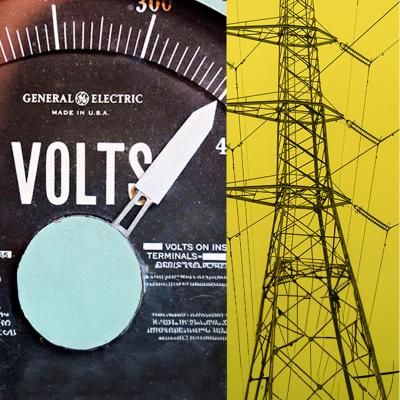 General Electric volt meter with white dial and black background and power lines against an acid yellow background.
