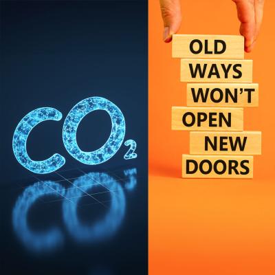Graphic rendering of CO2 and a stack of tiles that reads old ways won't open new doors.