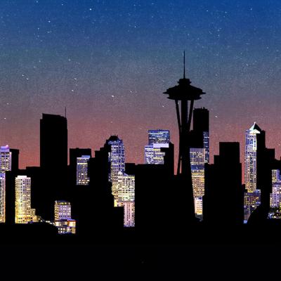 The Seattle skyline at night, silhouetted against a starry sky. Several of the buildings have no lights on, so appear blacked out.