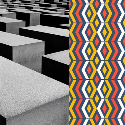 Grey and black concrete blocks contrasted with yellow, red, blue and white traditional Filipino geometric pattern.