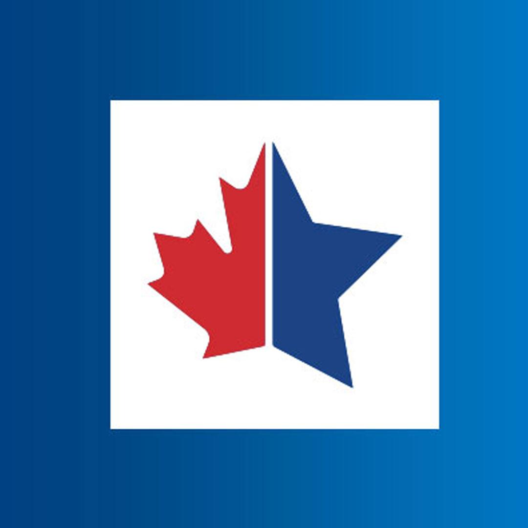 Logo with red maple leaf and blue star to represent Canadian-American studies.