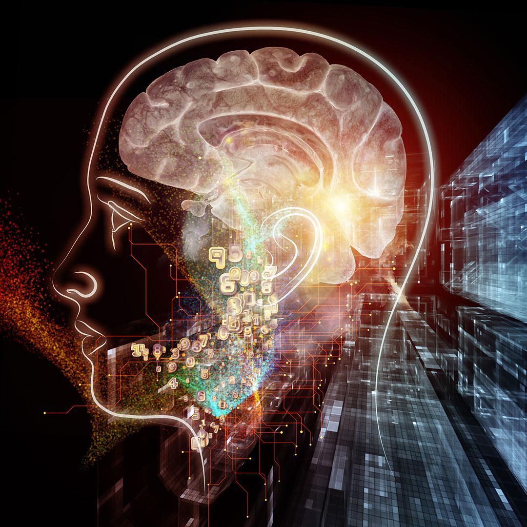 Computer generated illustration of a human head in profile with a glowing brain and abstract designs in the background.