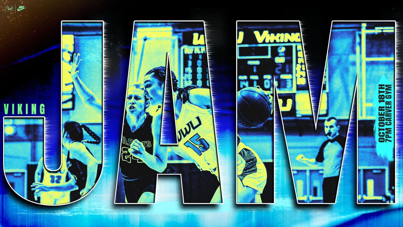 Viking Jam logo with Women's Basketball player photo