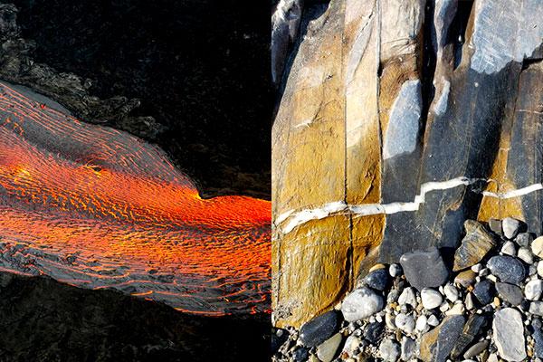 Left side: orange and red molten lava flow. Right side: close use of grey, black, and tan rock formation.