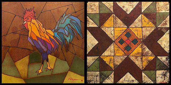 Metal art pieces depicting a rooster and quilt pattern by Arunas Oslapas.