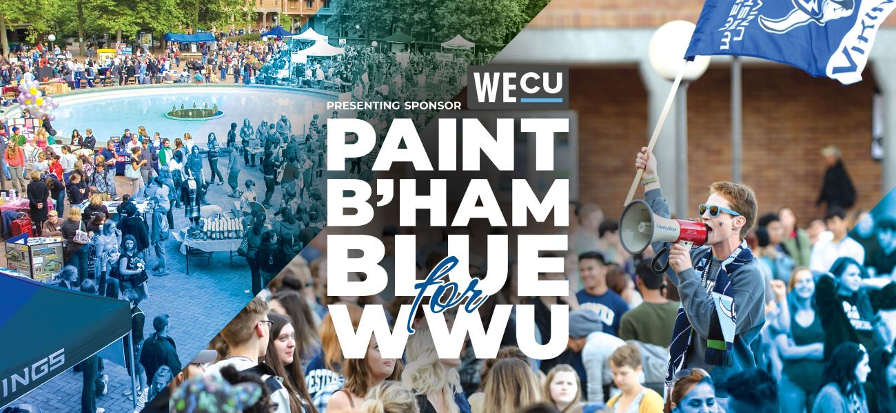 collage of students having fun at Red Square Info Fair with the words Paint B'ham Blue for WWU in big white letters in the middle