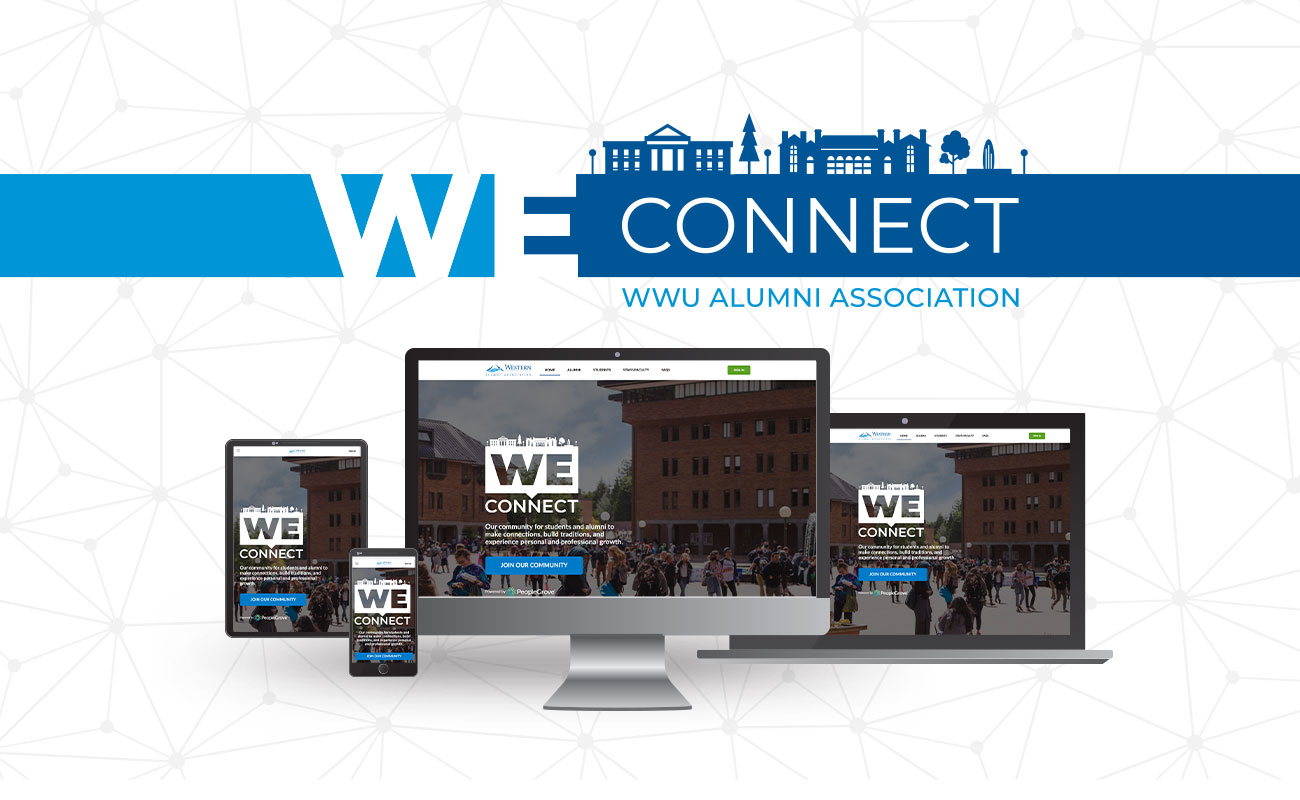 WE Connect logo with different devices showcasing the WE Connect website on them.