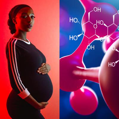 Left side: standing black pregnant woman. Right side: colorful rendering of a chemical compound
