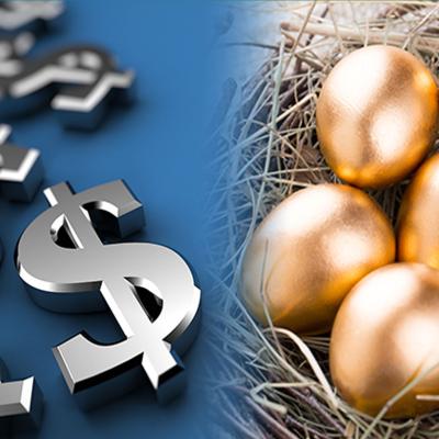 Montage of large silver dollar signs and gold eggs in a nest