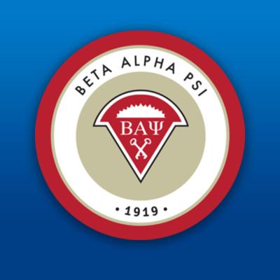 Beta Alpha Psi logo with a circle outlined in deep red on a royal blue background.