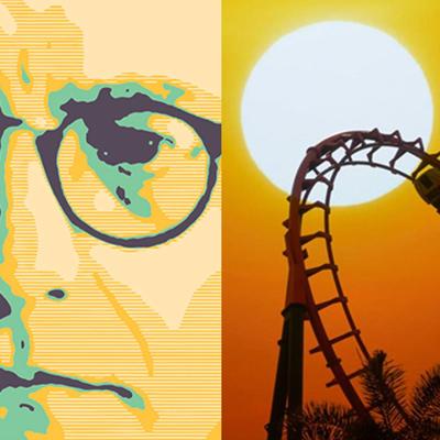 Left side: pixelated portrait of Russian composer Shostakovich. Right side: cyclone rollercoaster with orange sky and huge sun.